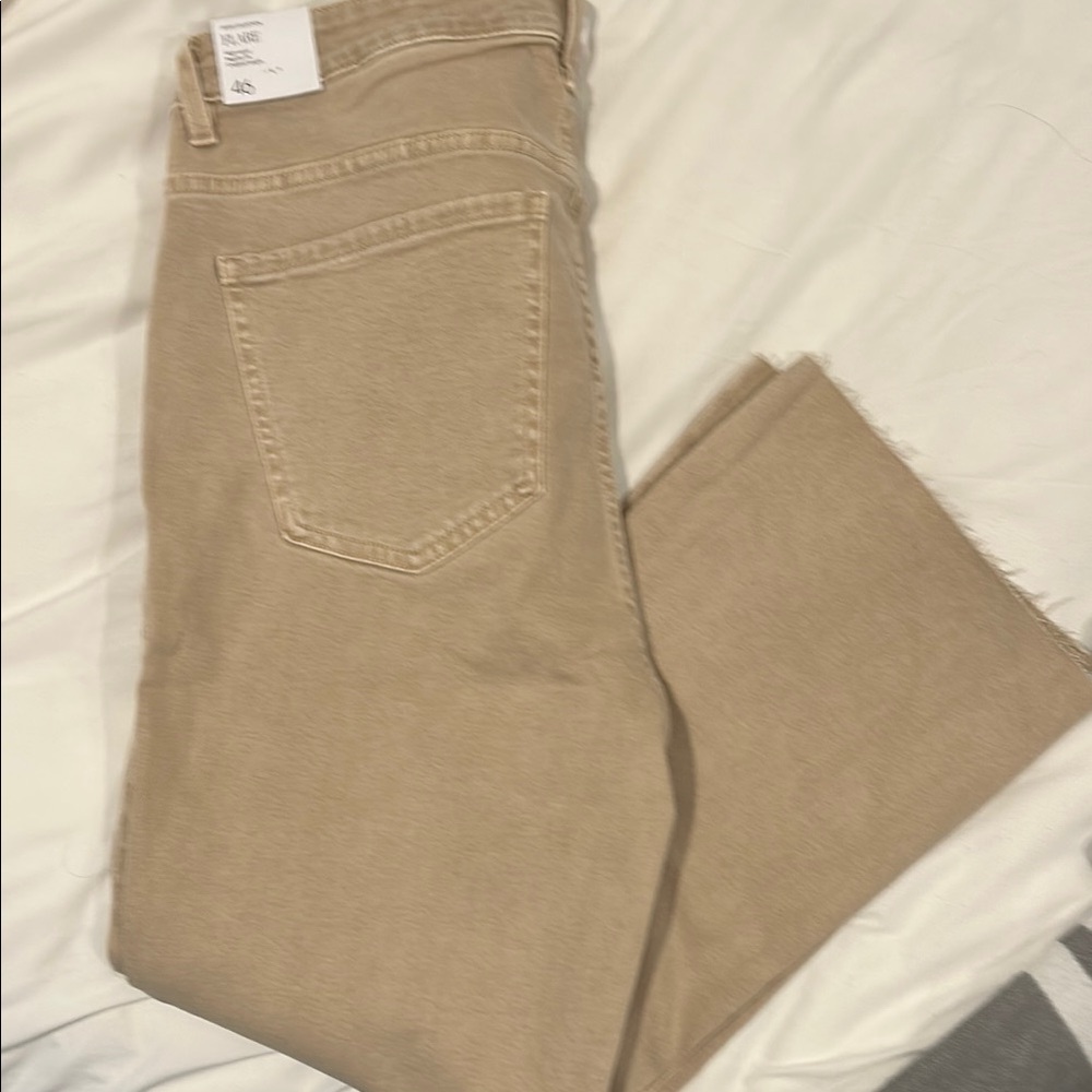 MNG Sienna Women's Tan Flare cropped jeans with freyed bottoms